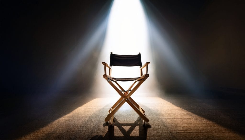 Empty director's chair under a dramatic spotlight on a dark stage.